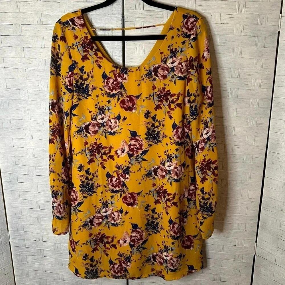 Speechless Womens Dress Mini V neck Lace floral yellow bohemian hippie